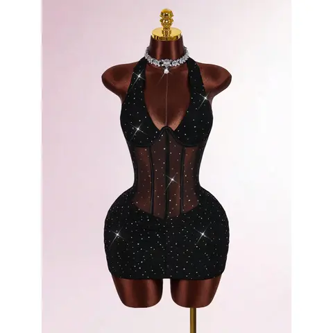 Women's Halter Neck Sleeveless Rhinestone Decor Cinched Waist Sheer Ruched Party Mini Dress, Ideal for Dances, Birthday Outfits, Going Out Outfit, Dresses for Birthdays, Clubbing Clothes for Women