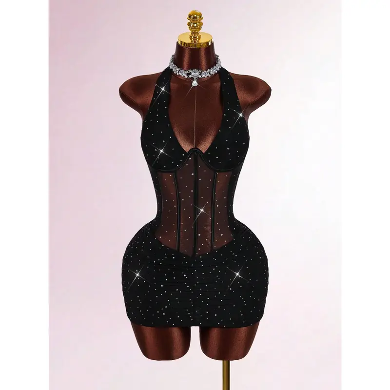 Women's Halter Neck Sleeveless Rhinestone Decor Cinched Waist Sheer Ruched Party Mini Dress, Ideal for Dances, Birthday Outfits, Going Out Outfit, Dresses for Birthdays, Clubbing Clothes for Women