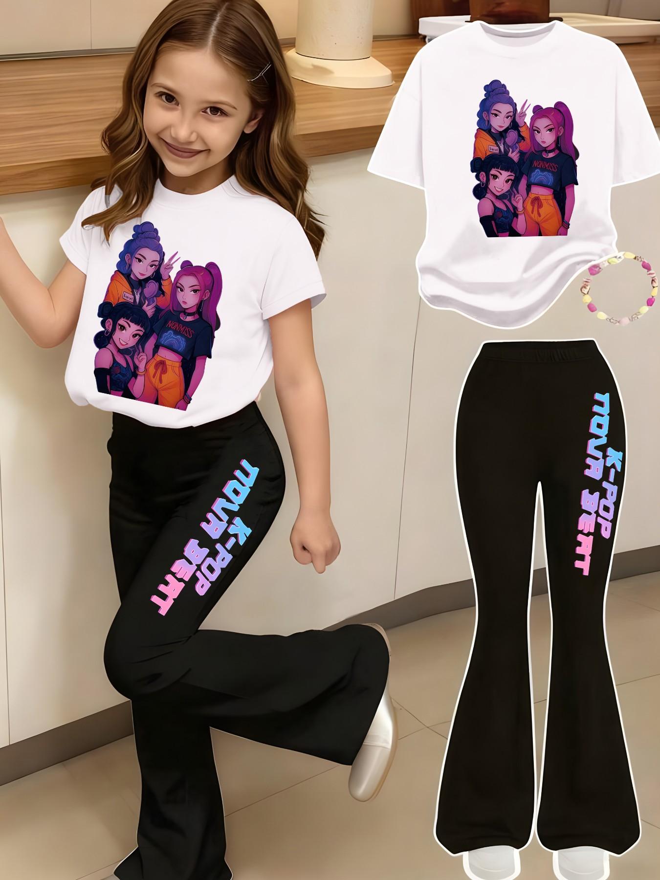 Girls' Kpop Print 2-Piece Set, Casual Sporty Short Sleeve Top & Bell Bottom Pants, Comfortable Elastic Waist, Spring Summer