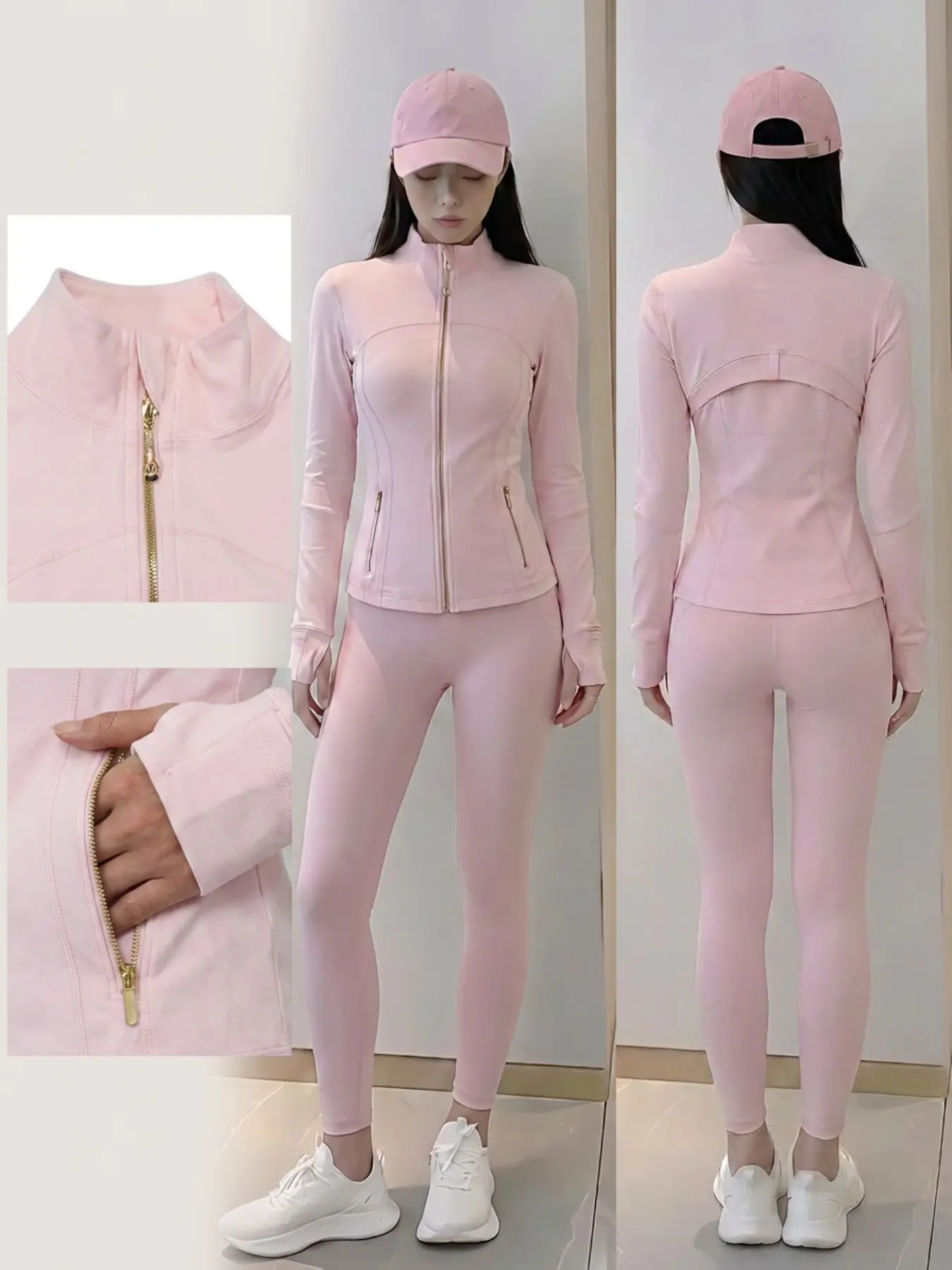 Women's Slim Fit Gold Zipper Sports 2-Piece Yoga Jacket Set, Thumb Hole Design, Stand Collar, Outdoor Gym Running Bottoms, Running Workout Suit
