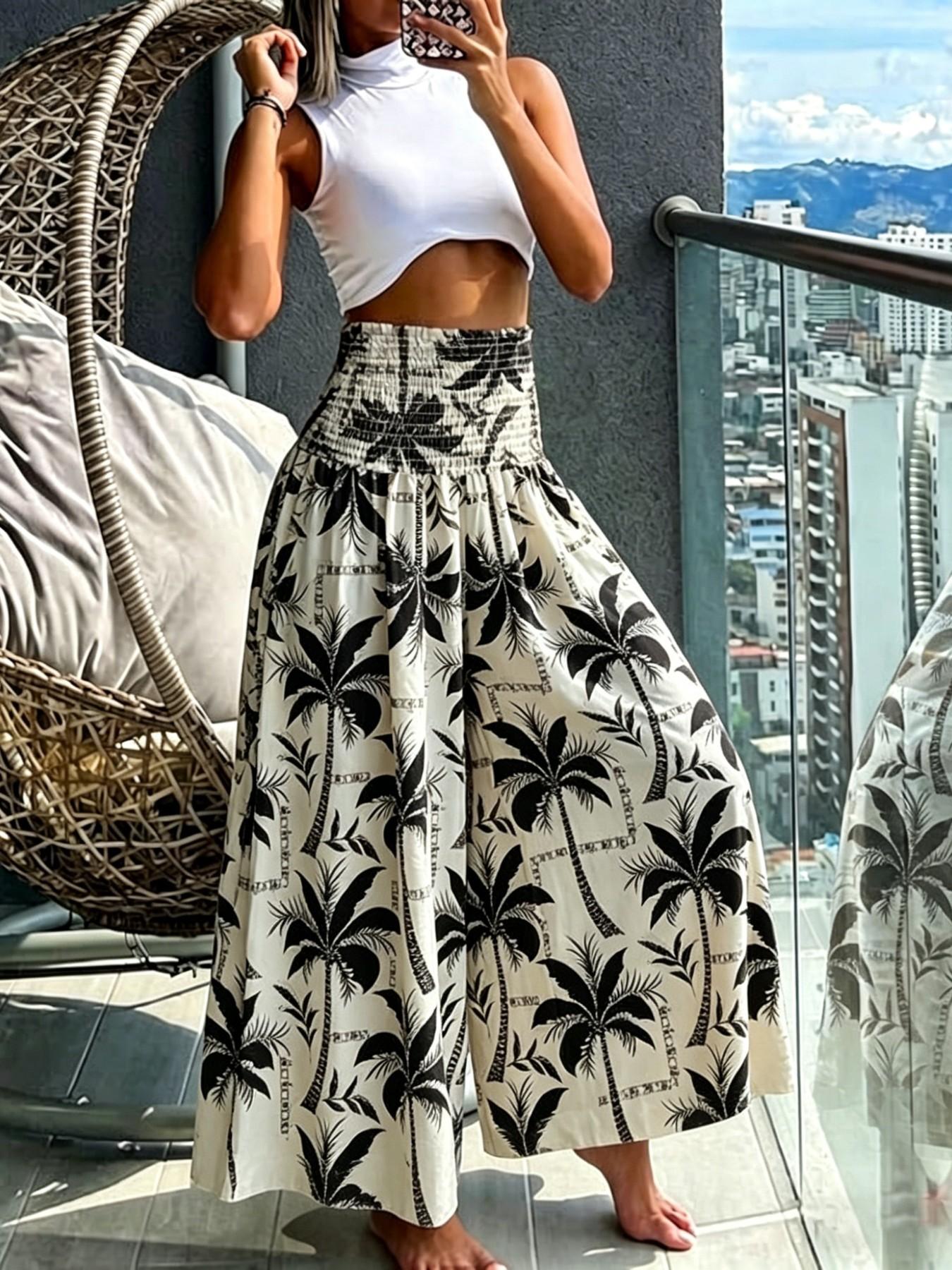 Boho Print Ruched Flowy High Waisted Wide Leg Pants, Bohemian Wide Leg Flowy Long Pants for Summer Beach Vacation, Casual Boho Pants, Women's Fashionable Loose-Fitting Bottoms