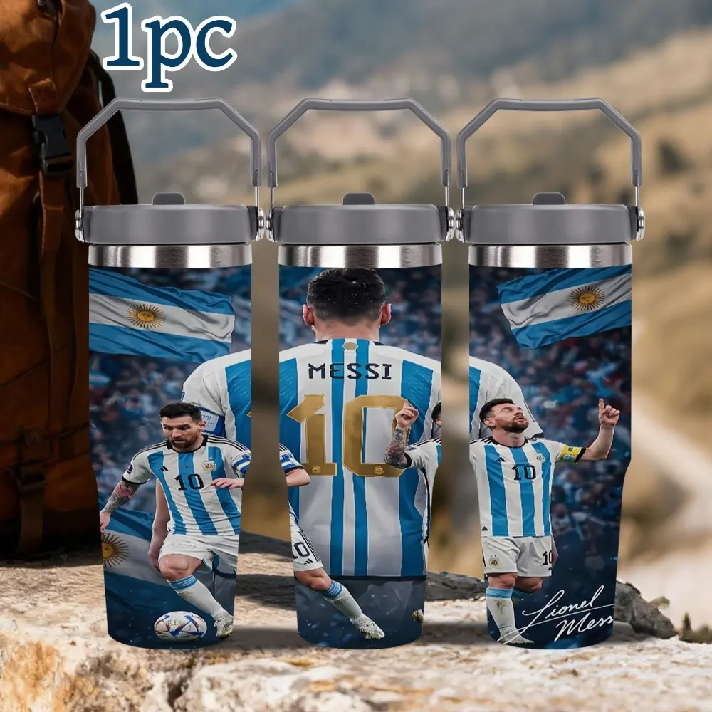 1pc 30oz Leakproof Vacuum Insulated Tumbler With Handle, Messi Football Team All Over Print Stainless Steel Water Bottle, Car Travel Mug, Ideal Birthday Gift For Soccer Lovers,Road Trips, Camping And Football Match