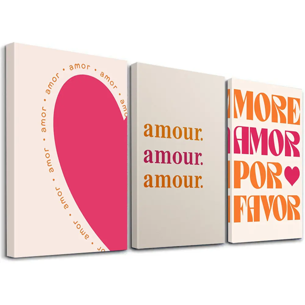 2D flat paintings, 3 framed canvas art pieces, themed around love word games, perfect for Valentine's Day. These pink-accented prints are ideal for romantic wall decor, modern minimalist posters, and a thoughtful holiday gift for the living room