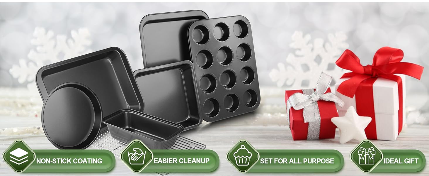Bakeware Sets, Baking Pans Set, Nonstick Oven Pan for Kitchen with Wider Grips, 7-Piece with Round/Square Cake Pan, Loaf Pan, Muffin Pan, Cookie Sheet, Roast Pan, Cooling Rack, Carbon Steel Bake