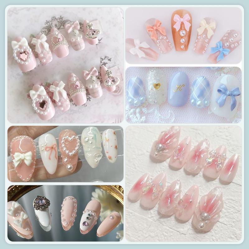 1 Box Classic Ribbon Bow Resin Nail Charms 3D Colorful Gradient Bowknots Semi-circular Pearl Decorations DIY Phone Case Hairpin Nails Nail Extension Diy