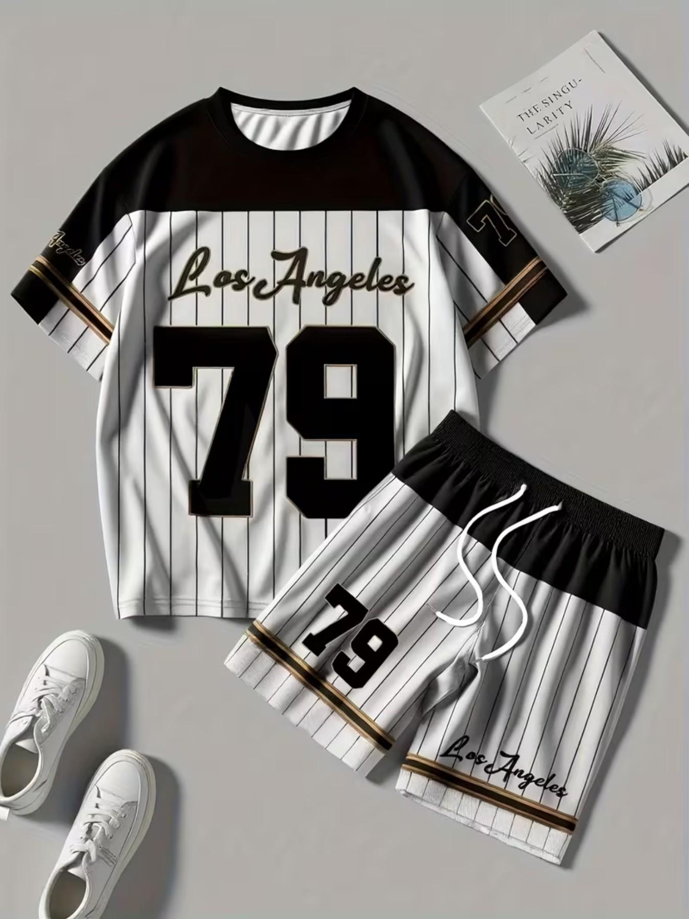 Men's Casual T-Shirt and Shorts Set, Los Angeles Letter Design & 79 Pattern, Comfortable Polyester Fabric, Perfect Gift for Summer Outdoor Activities