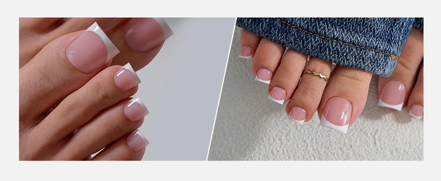BTArtbox Press On Toenails - Real Square Toe Nail Press Ons with Glue for Women, French Tip Fake Toe Nail Tips in 15 Sizes - 30 Toenails Kit