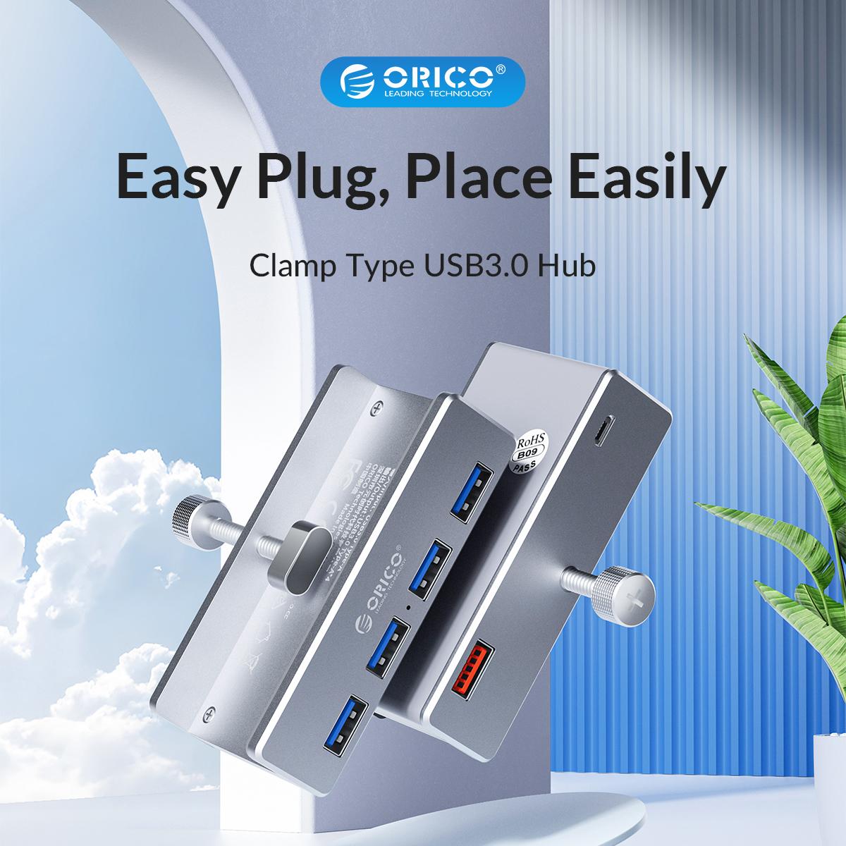 ORICO USB Hub 3.0, Clamp USB Hub with Extra Power Supply Port, Aluminum 4-Port USB Adapter with 3 USB-A Data Ports, USB-C Port for Monitors, Desks-MH4P