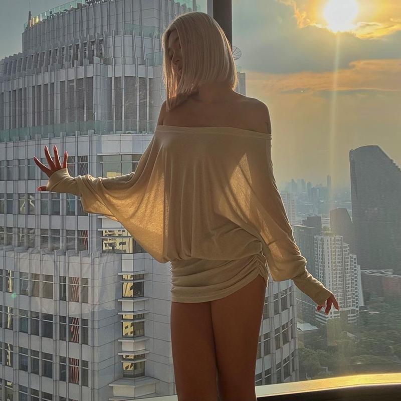 Women's Sheer Ruched Party Dress, Off-The-Shoulder Long Sleeve Women's Mini Dress for Spring & Fall