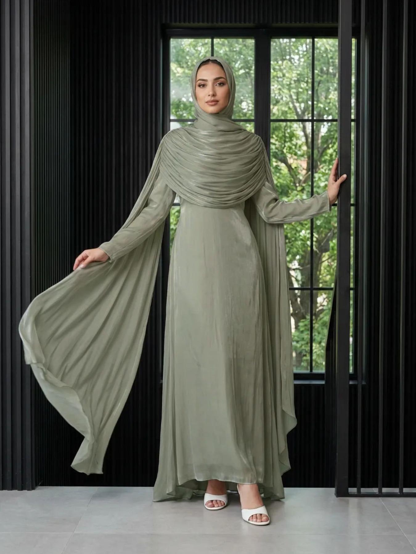 Elegant Pleated Cape Abaya Long Robe, Fashionable Light-Reflective Party Dress, Muslim Evening Dress, Perfect for Gatherings and Ceremonies, Modest Gown for Muslim Women