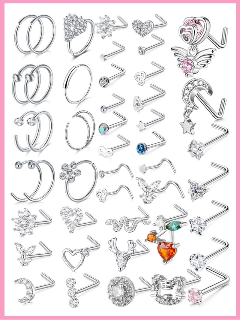 Women's 20g Nose Ring Stud Earrings, Surgical Steel Nose Stud with Shiny Cz Flower Design, Heart Butterfly Floral Patterns, Nose Piercing Jewelry