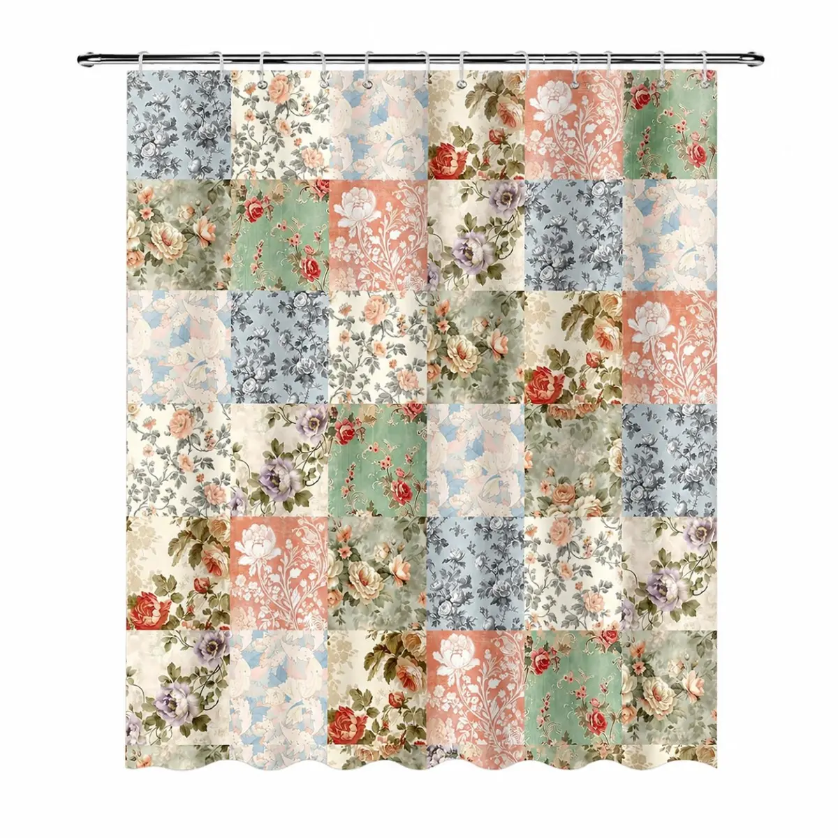 Boho Floral Shower Curtain for Bathroom, Vintage Pink Flower Patchwork Shower Curtain, Retro Farmhouse Bathroom Decor Curtain, Mid Century Botanical Bath Curtain
