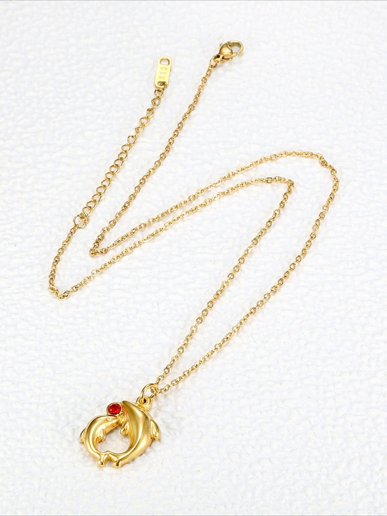 Stainless Steel Double Dolphin Set Zircon Necklace, Three-dimensional Dolphin Shape, High-end Stainless Steel Accessories, Versatile for Daily Use