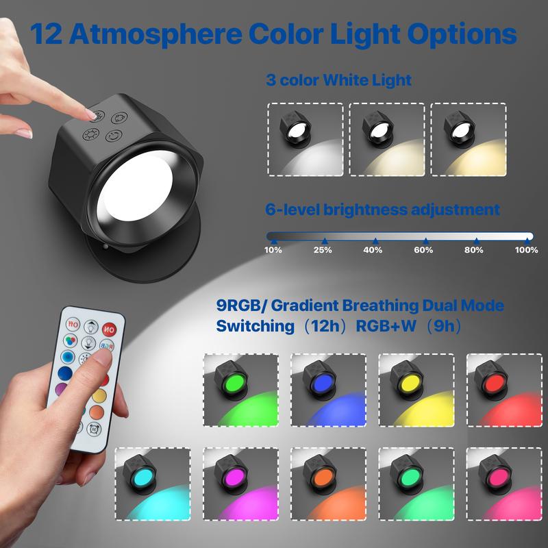 GLITGATE Wireless Wall Lamp, Magnetic Rechargeable RGB light, Remote and Button Control Wall Sconce,Adjustable Night Light, Book Lights for Bedroom,living room,Kids Study,Display Wall,Hallway,Kitchen,Stair,Basement