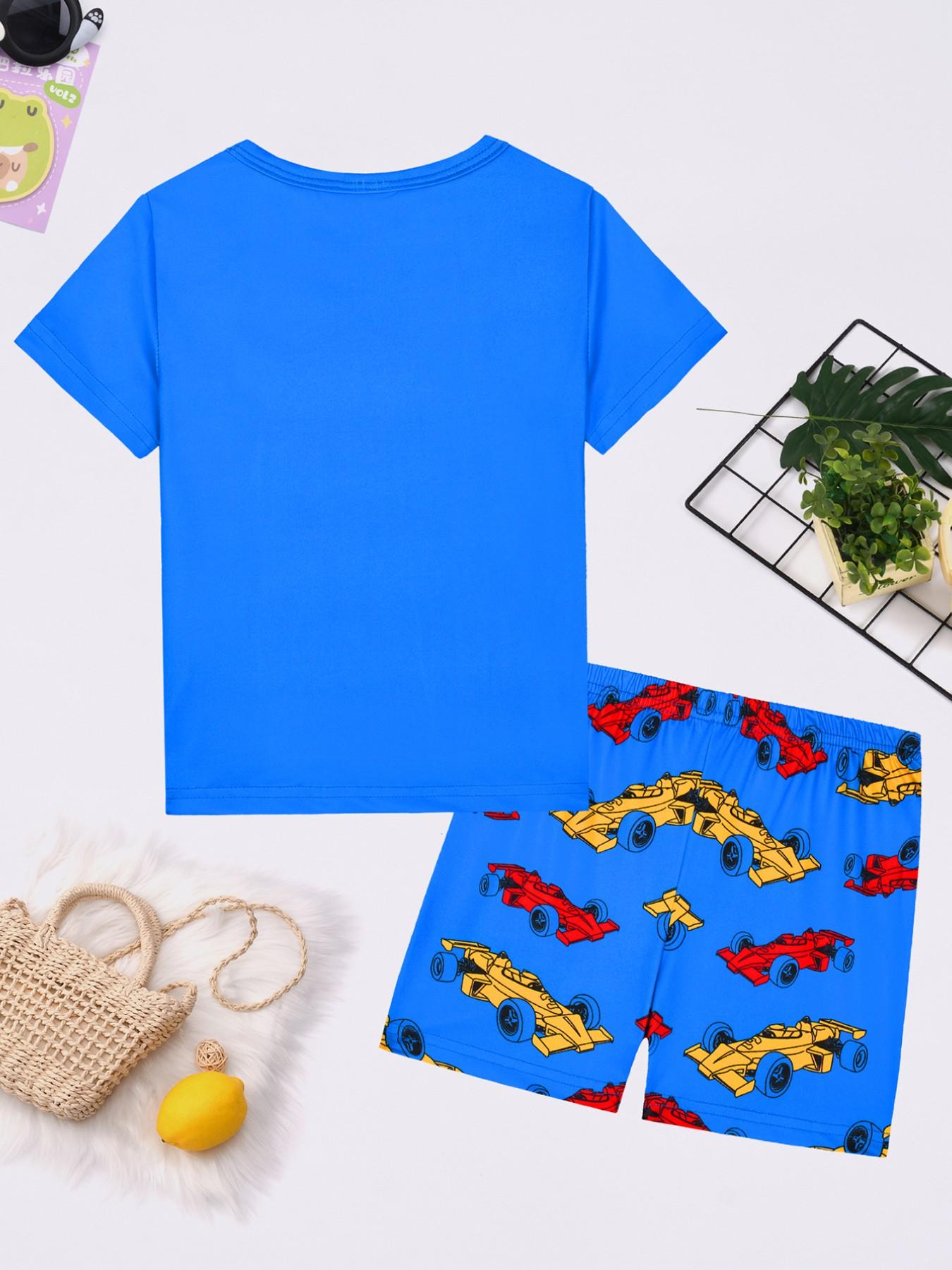 Boys' Short Sleeve Pajama Set, Cartoon Race Car Print, Casual Home Wear, Elastic Waist, H-Type Silhouette, 2-Piece