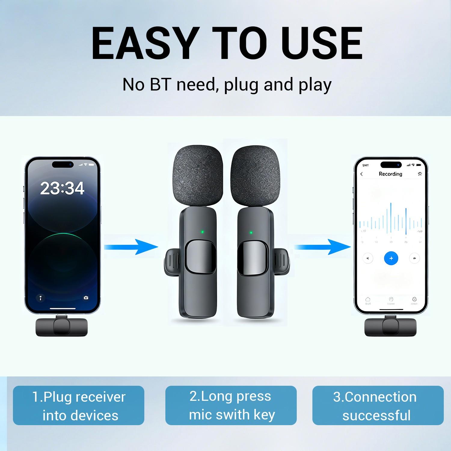 Wireless Lapel Microphone Noise Reduction for iPhone Android Plug-And-Play Professional Recording Phone Mic for Live Streaming Shorts Videos Tiktok Youtube Vlog Interview Online Classes Live Podcast Equipment