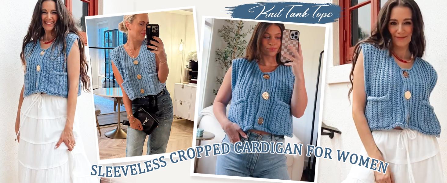 Tanming Womens Crochet Chunky Knit Top Sleeveless Button Down Crop Tops Trendy Cardigan Sweater Vest for Women with Pockets
