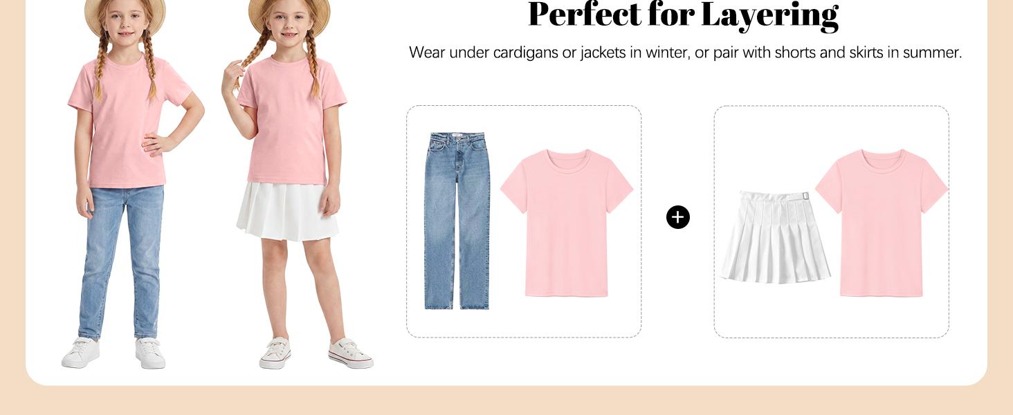 Girls Short Sleeve T-Shirts, Crewneck Solid Casual Tops for Kids, Summer Tees Ages 5-14