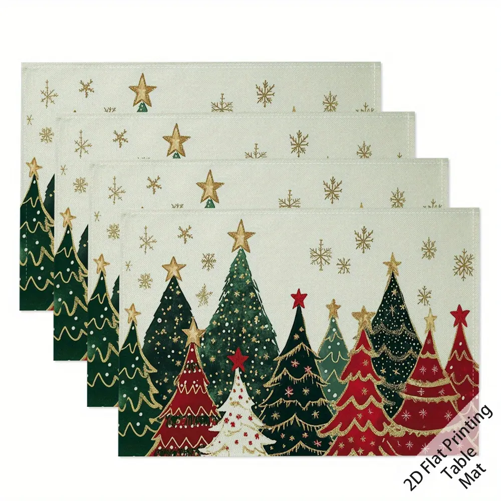 4-Pack Reusable Christmas Tree Placemats, Washable Heat-Resistant Xmas Tableware, Printed Holiday Kitchen Dining Decor Sets