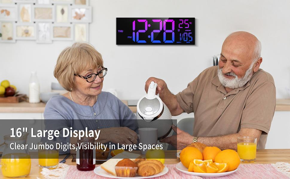 8 Colors Digital Wall Clock, 16.2" Large Digital Clock with Temperature, Date, Auto DST, Night Light, Auto Brightness Dimmer, 24/12-hour Wall Clock for Living Room Office Classroom Gym,camping essentials