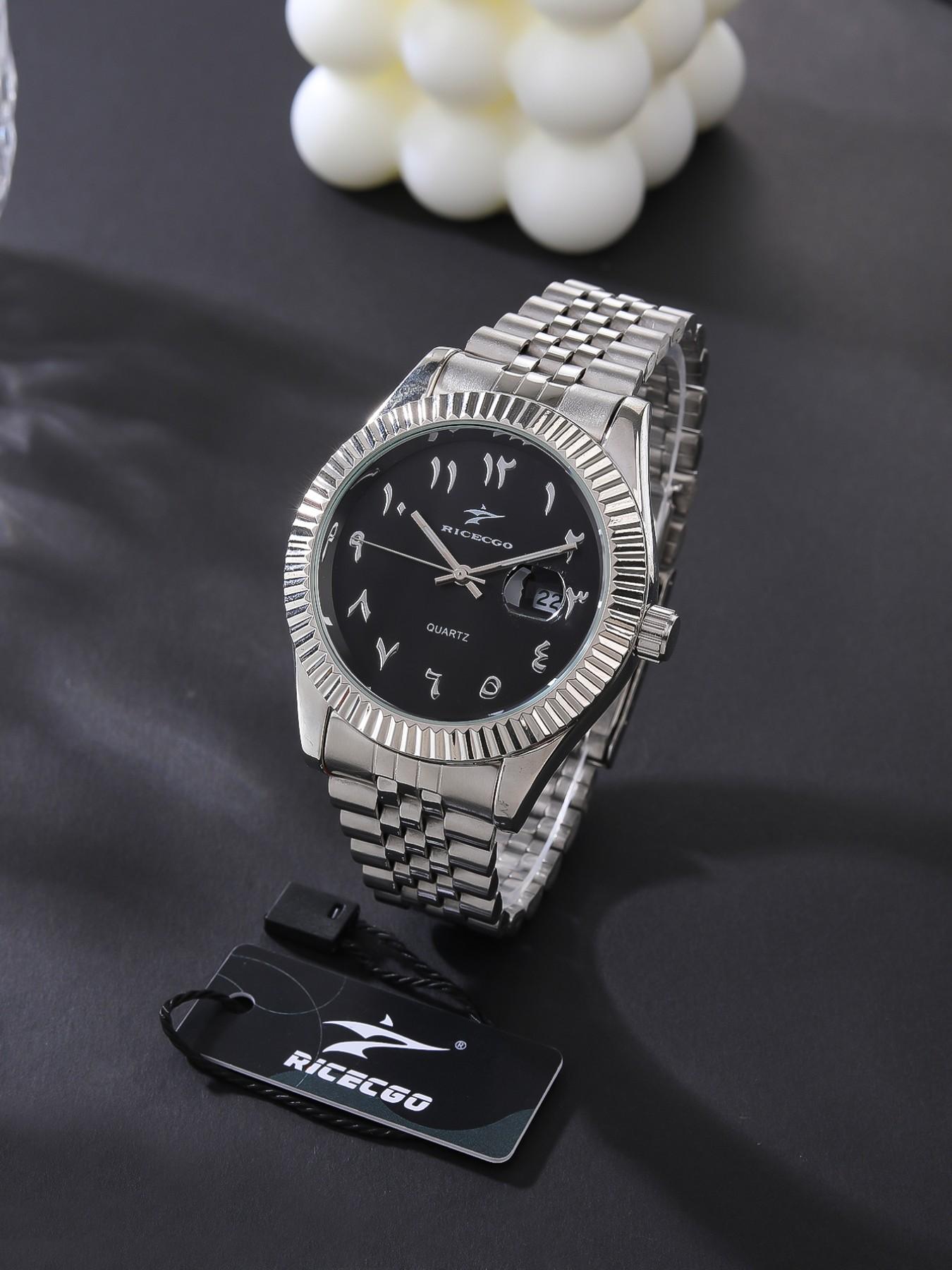 1pc Men's Analog Quartz Wristwatch, Arabic Numerals, Durable Stainless Steel Bracelet, Stylish and Versatile Accessory, Date Function, Suitable for Any Occasion, with Box, Analog Watches!