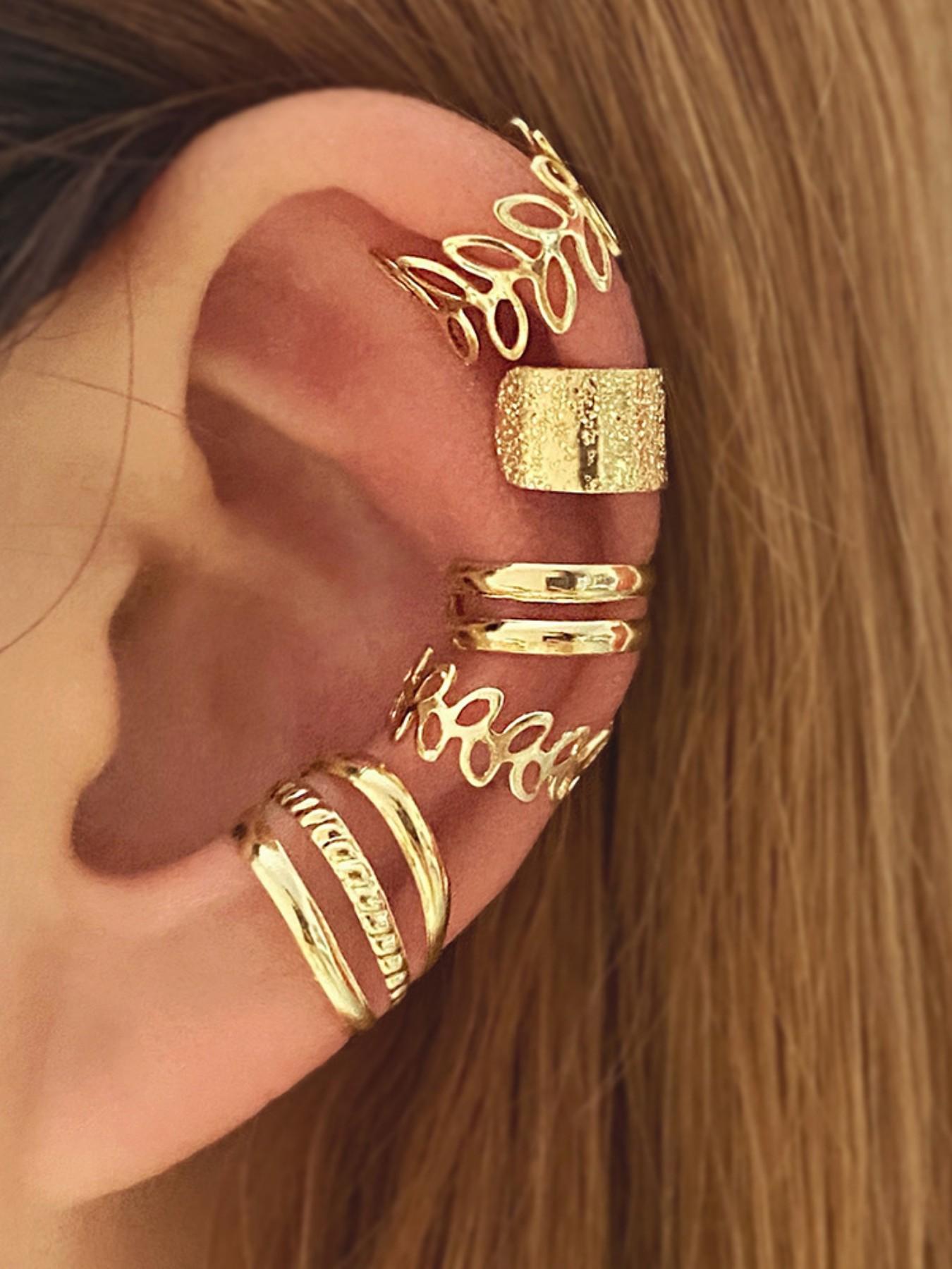 5 Pcs Creative Hollow Out Gold/silver Color Alloy Earrings, No Piercing Ear Clip, Elegant Ethnic Style, All Seasons Fashion Accessory