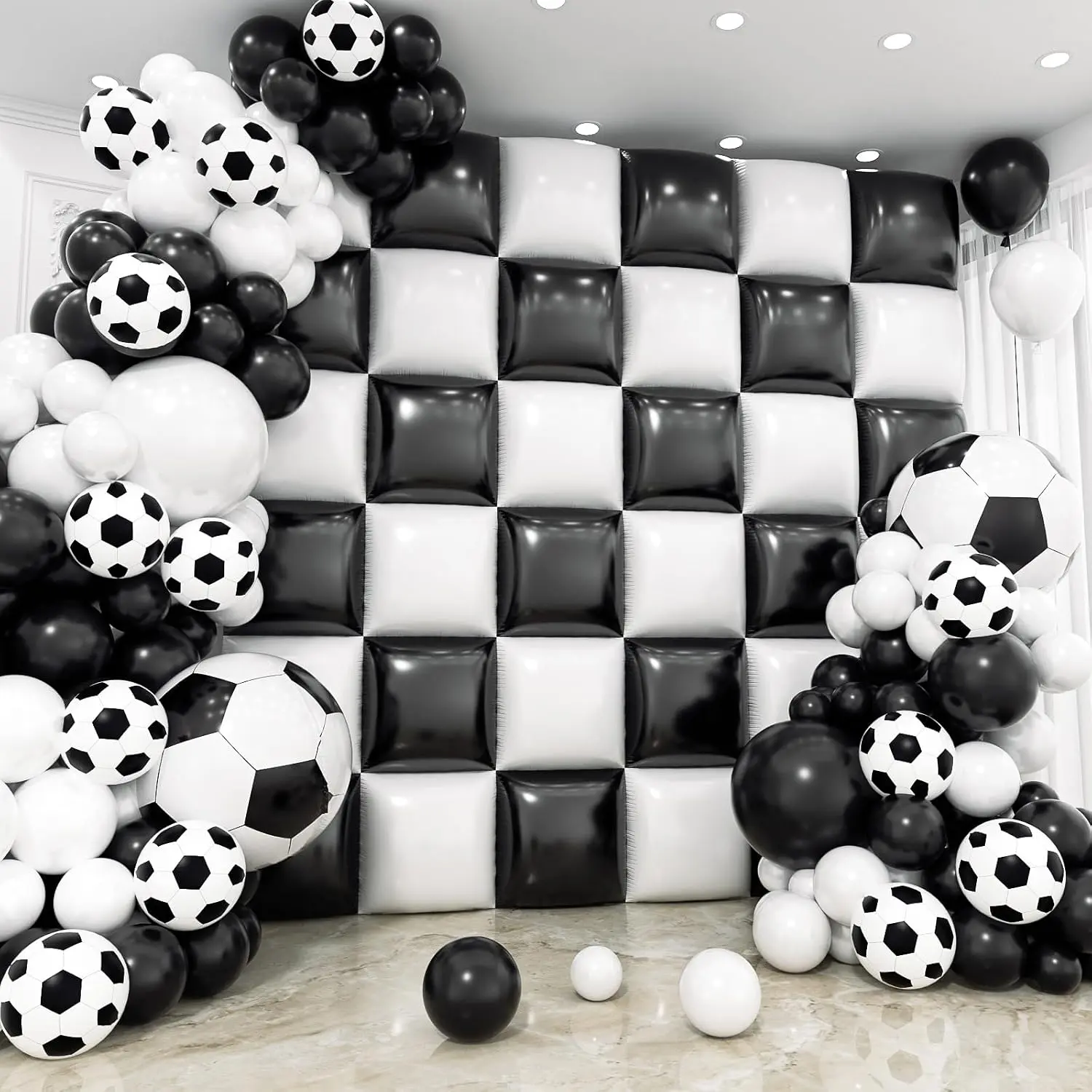 Black and White Soccer Trophy Balloon Decorations Set, 36-Count Square Foil Balloons Wall Backdrop, 114-Count Garland Arch Kit, Double-Sided for Boys' World Soccer Shower Parties, Indoor/Outdoor Use