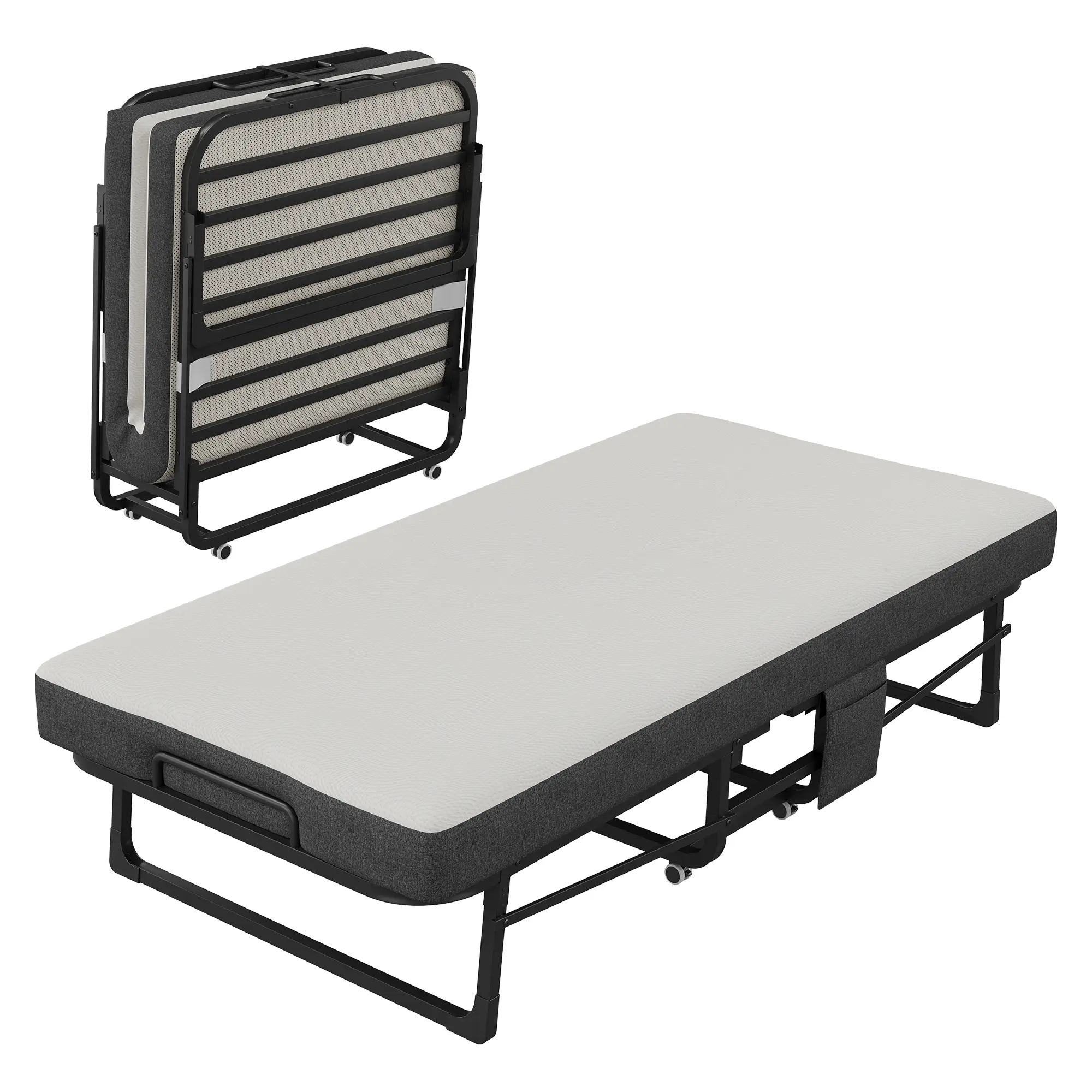 Folding Bed with 5 Inch Mattress, Portable Roll Away Bed with Metal Frame & Lockable Wheels, Folding Guest Bed for Home Office, RV & Camping