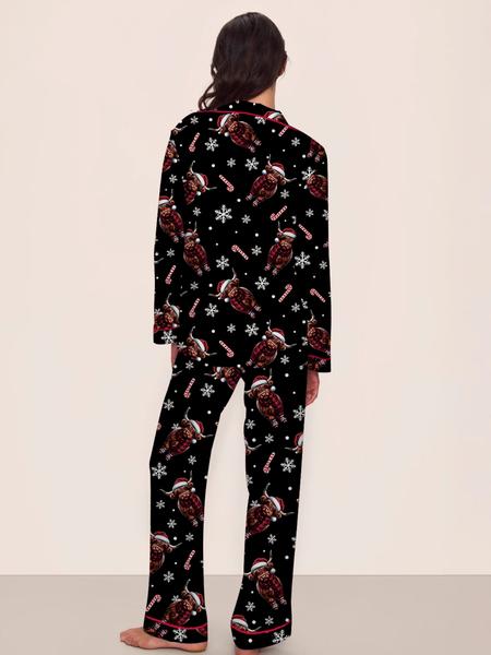 Women's Highland Cow Christmas Pajamas Set, Winter Thermal Long Sleeve Loungewear, Elastic Waist Pants, Black Soft & Cute Outdoor Christmas Costume, with Christmas Animal Hat, Tree, Snowflake, Candy Prints, Christmas Gift