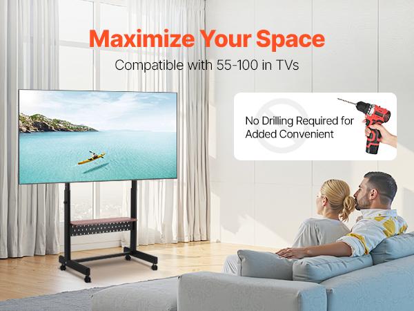 VEVOR Rolling TV Stand, Mobile TV Cart for 55-100 Inch Screens, Height Adjustable Portable Monitor Stand with Tray, Holds up to 205 lbs for Living Room, Bedroom, Office, Outdoor Max VESA 800x 600 mm
