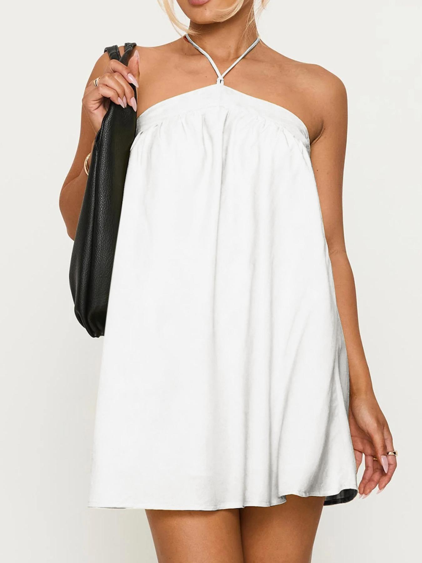 Women's Solid Color Halter Neck Tie Shoulder Cami Dress, Halter Strap Dress, Casual Sleeveless A Line Dress for Summer, Ladies Clothes for Beach Holiday