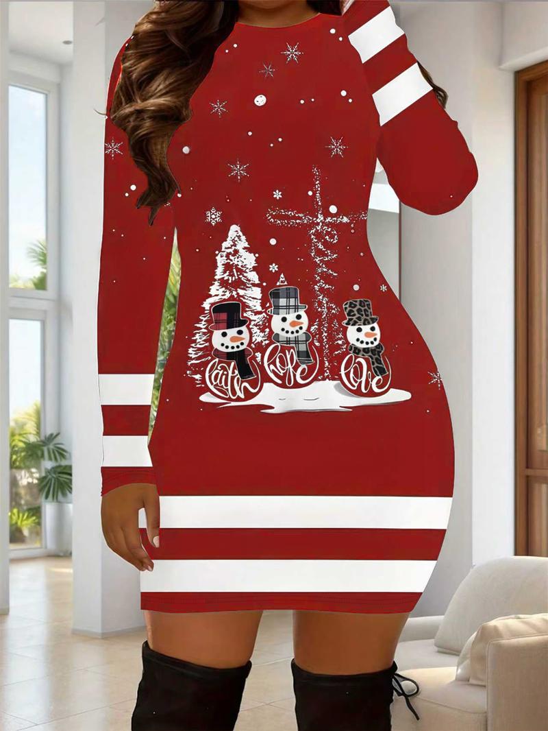 Women's Casual Christmas Print Striped Fitted Dress, Small Snowman Cartoon Print, Long Sleeve, Short Length, Fall Winter Holiday Wear
