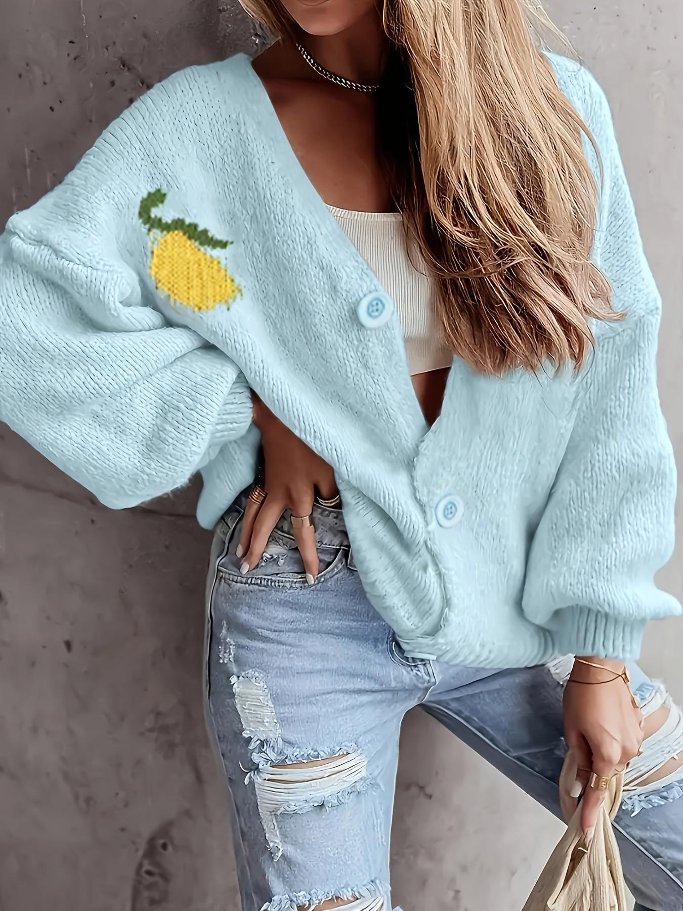 Women's Cute Lemon Pattern Loose Fit Knit Cardigan, Graphic Sweater Top, Long-Sleeve V-Neck Front Button Sweater, Vintage Y2K Sweet Casual Tops, Knitwear