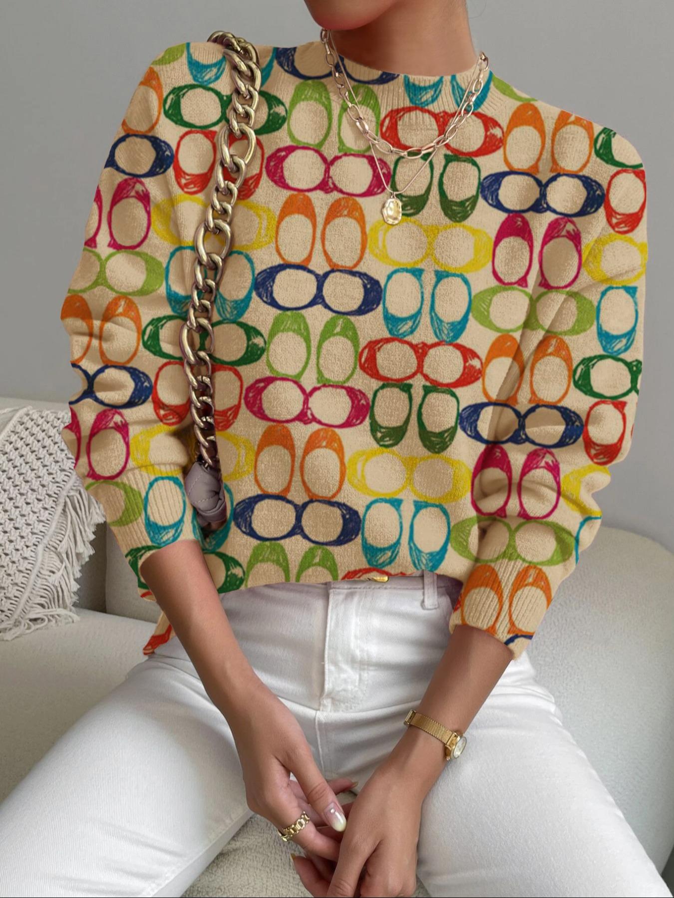 Women's Colorful Geometric Pattern Stand Collar Fitted Sweater, Fall Winter Casual Long Sleeve Knitwear, Comfortable Warm Daily Wear