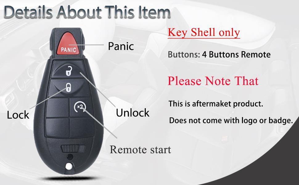 Key Fob Shell Case Replacement Fit for Dodge Ram 1500 Challenger Charger Durango Grand Caravan Journey Chrysler 300 Keyless Entry Remote Control 4 Button Pad Cover M3N5WY783X GQ4-53T