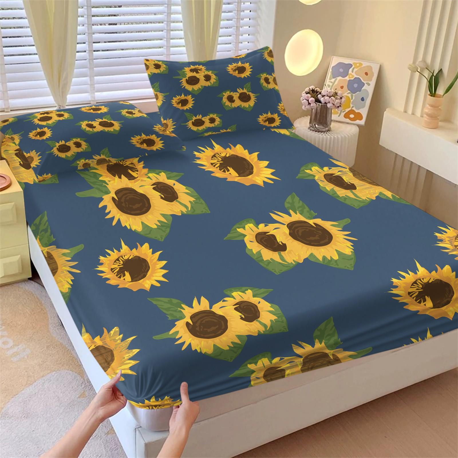 3 Piece Sunflower Pattern Fitted Sheet Set, Soft And Durable Bedding Set, Including 1 Piece Flat Sheet And 2 Pieces Pillowcases, Suitable For Children And Adults Daily Holiday Birthday Gifts Bedroom Decorations