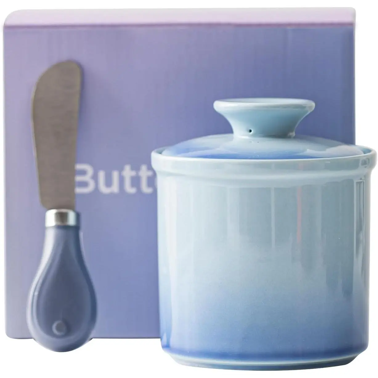 Ceramic  Butter Crock with Spreader,Gradient Blue | Stoneware, Water-Sealed Jar, Keeps Butter  & Spreadable, For Countertop