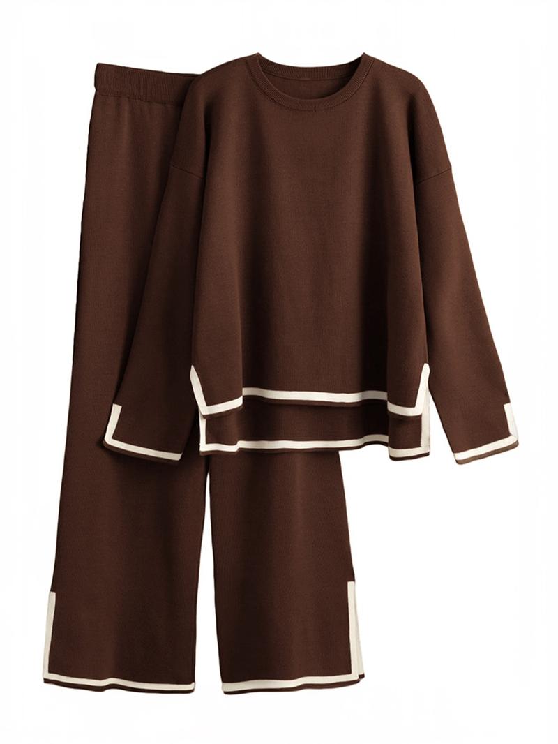Fashion Casual Colorblock Knit Top and Pants Set, Round Neck Long Sleeve Sweater, Fall & Winter Fitted, Women's Clothing