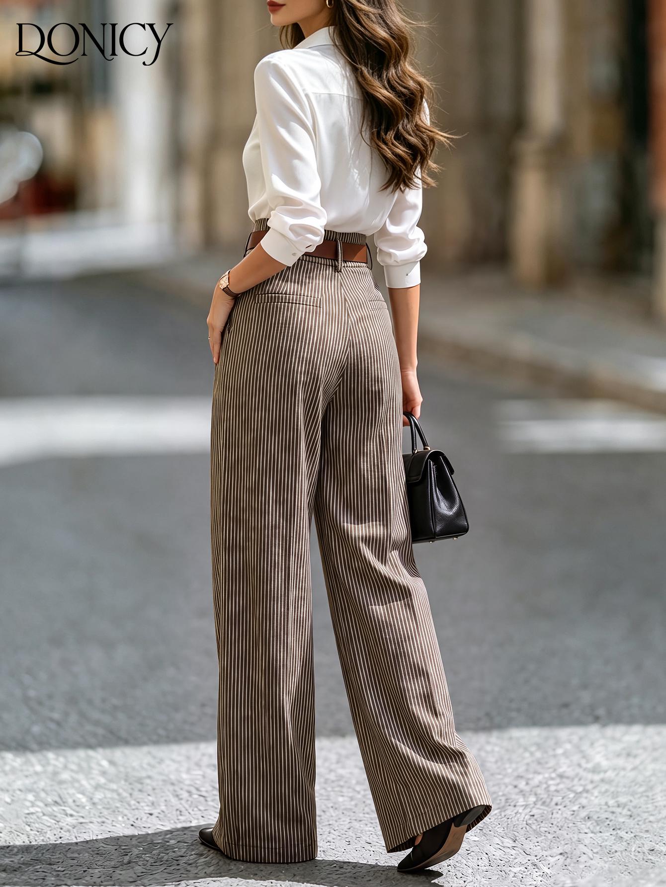 Women High Waist Vertical Striped Wide Leg Pants Soft Stretchy Fabric Elegant Long Trousers for Office Business Work Date Street Daily Casual Outfit