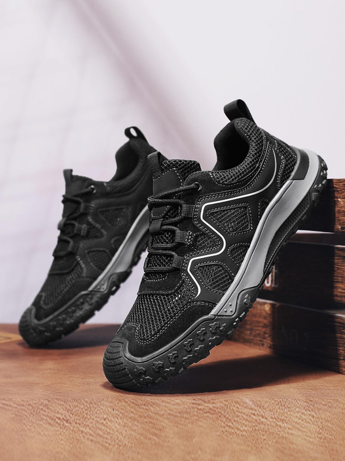 Men's Solid Color Mesh Breathable Outdoor Hiking Shoes Drawstring Toe Cap Trekking Shoes Non-Slip Wear-Resistant Casual Sneakers