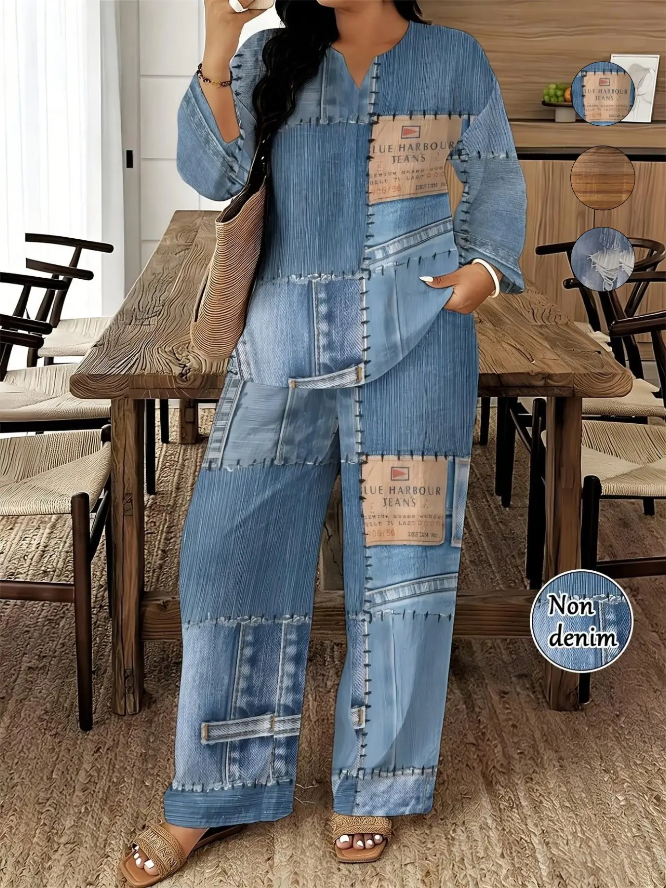 Plus Size Non-Denim Patchwork Two-Piece Set Casual Oversized Loose Top & Wide-Leg Pants, Trendy Vintage Co-ords, Relaxed Fit Casual Ensembles, Stylish Denim-Print Patch Detail Party Casual Wear