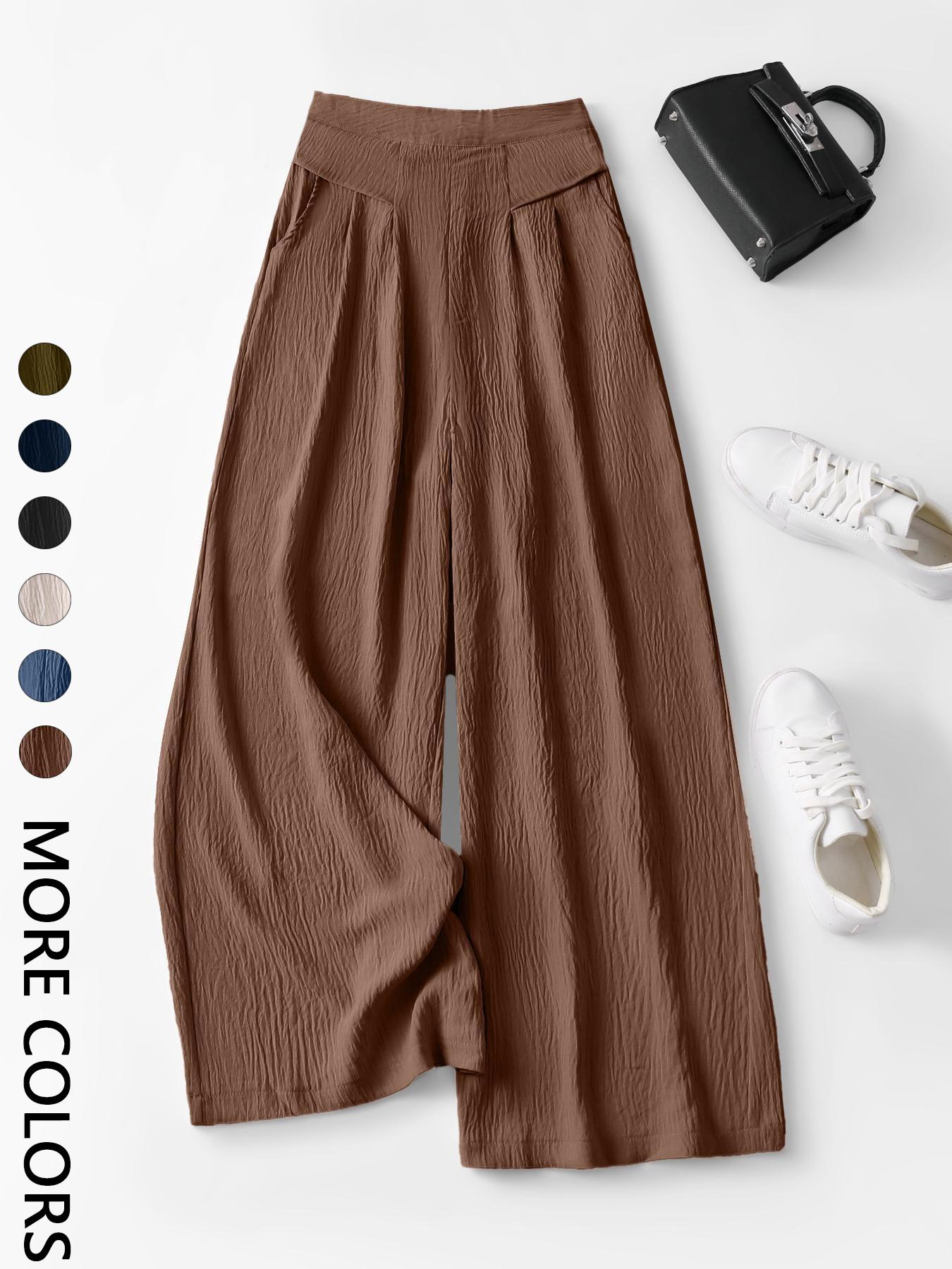 Women's High-Waisted Wide-Leg Pants, Womenswear Casual Bohemian Skin-Friendly Comfort Fit Trousers, Multiple Colors, S-XXL, Casual Textured Trousers