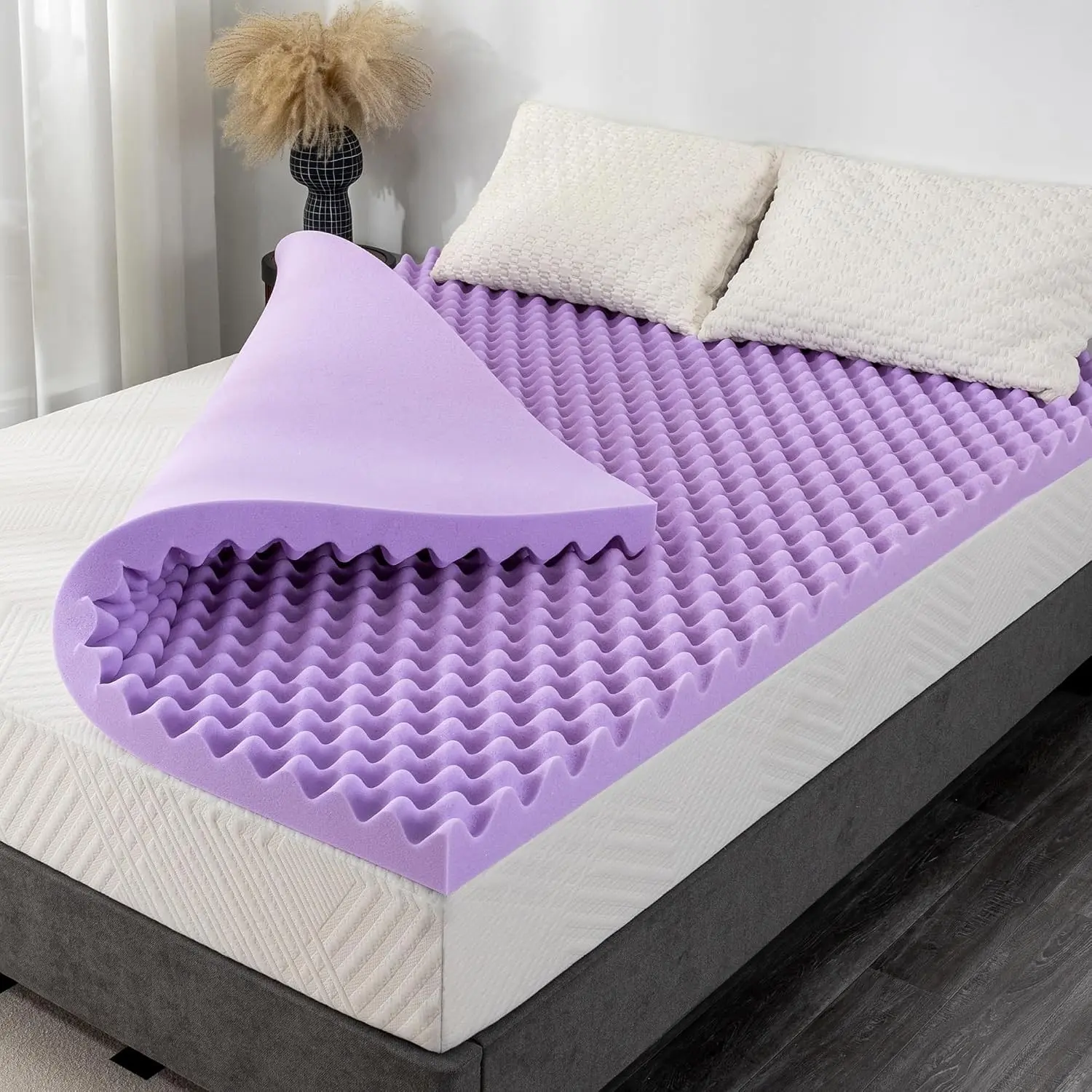 3 Inch Egg Crate Queen Memory Foam Mattress Topper, Lavender Scent Gel Infused Foam for Pressure Relief, CertiPUR-US Certified Queen Bed Topper, Purple 60"×80"