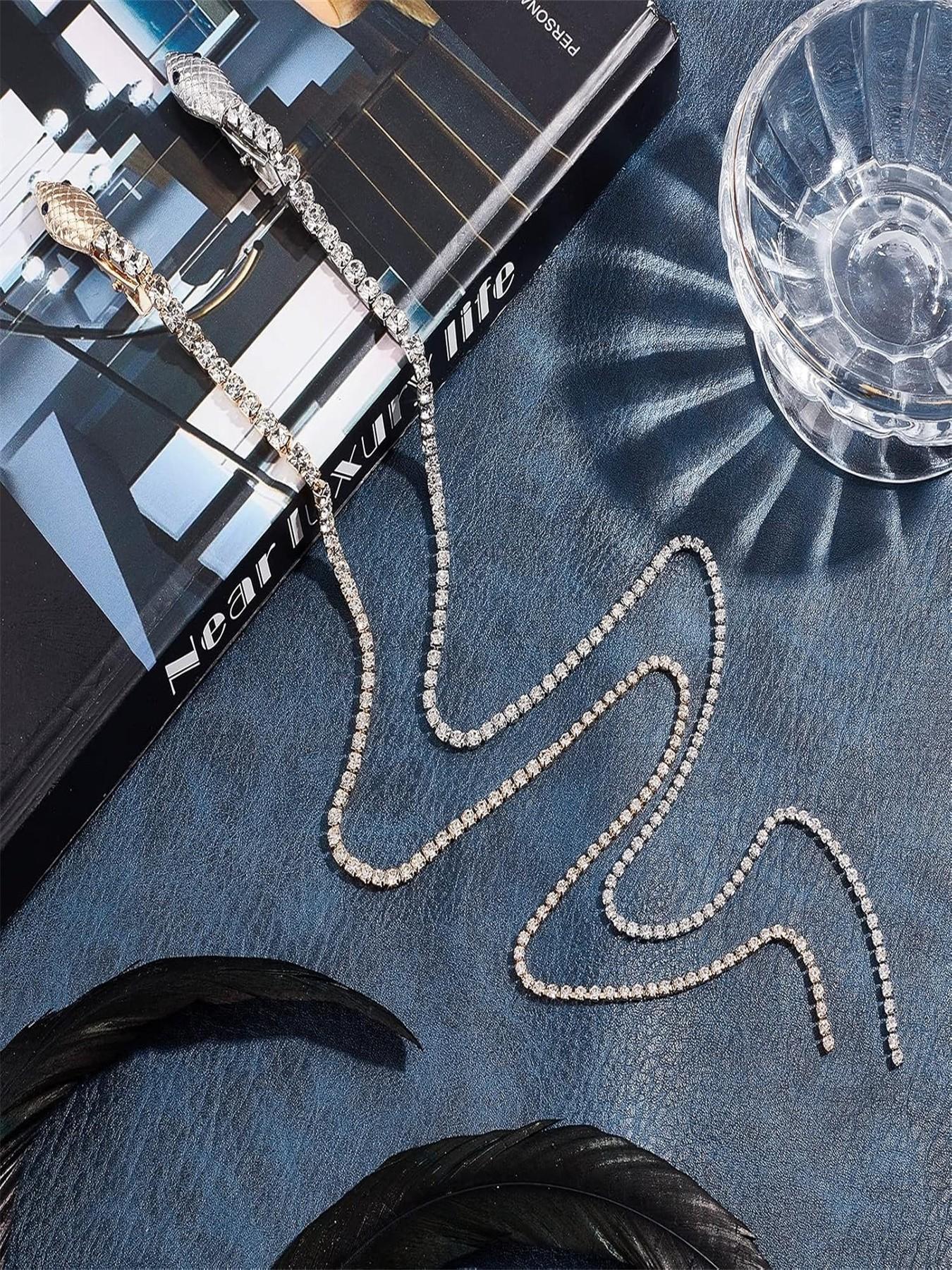 Niceneeded 2 Pcs Rhinestone Snake Hair Chain, Punk Crystal Tassel Hair Clip Chain, 50.8cm Long Rhinestone Decorative Hair Accessory for Women Halloween