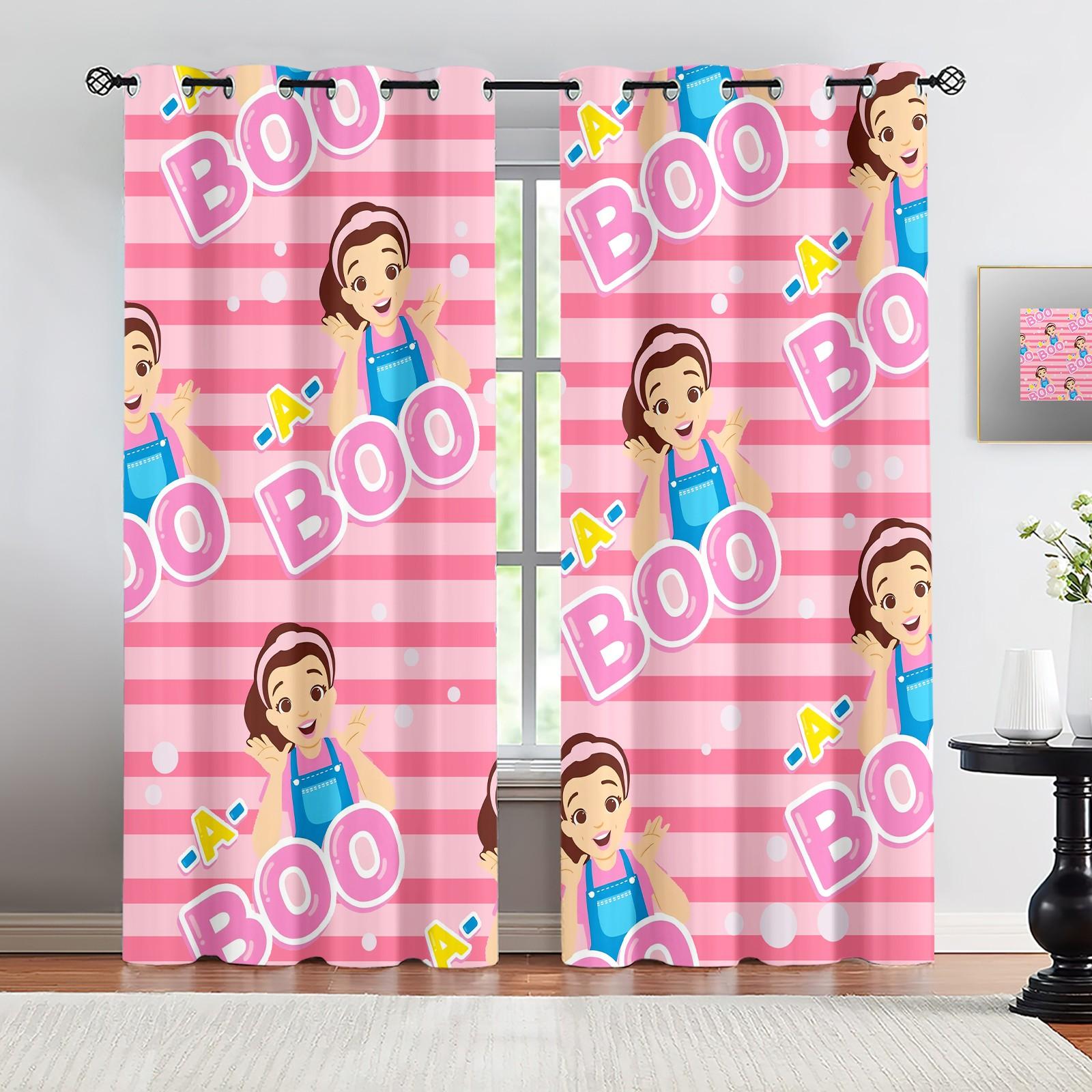 Pink Striped Peek-A-Boo Cartoon Character Blackout Curtain 2Pcs/Set, No Drill Rings, Washable Polyester Fabric, Suitable for Bedroom Living Room Kids Room Decor, Insulation, UV Protection, Best Gift