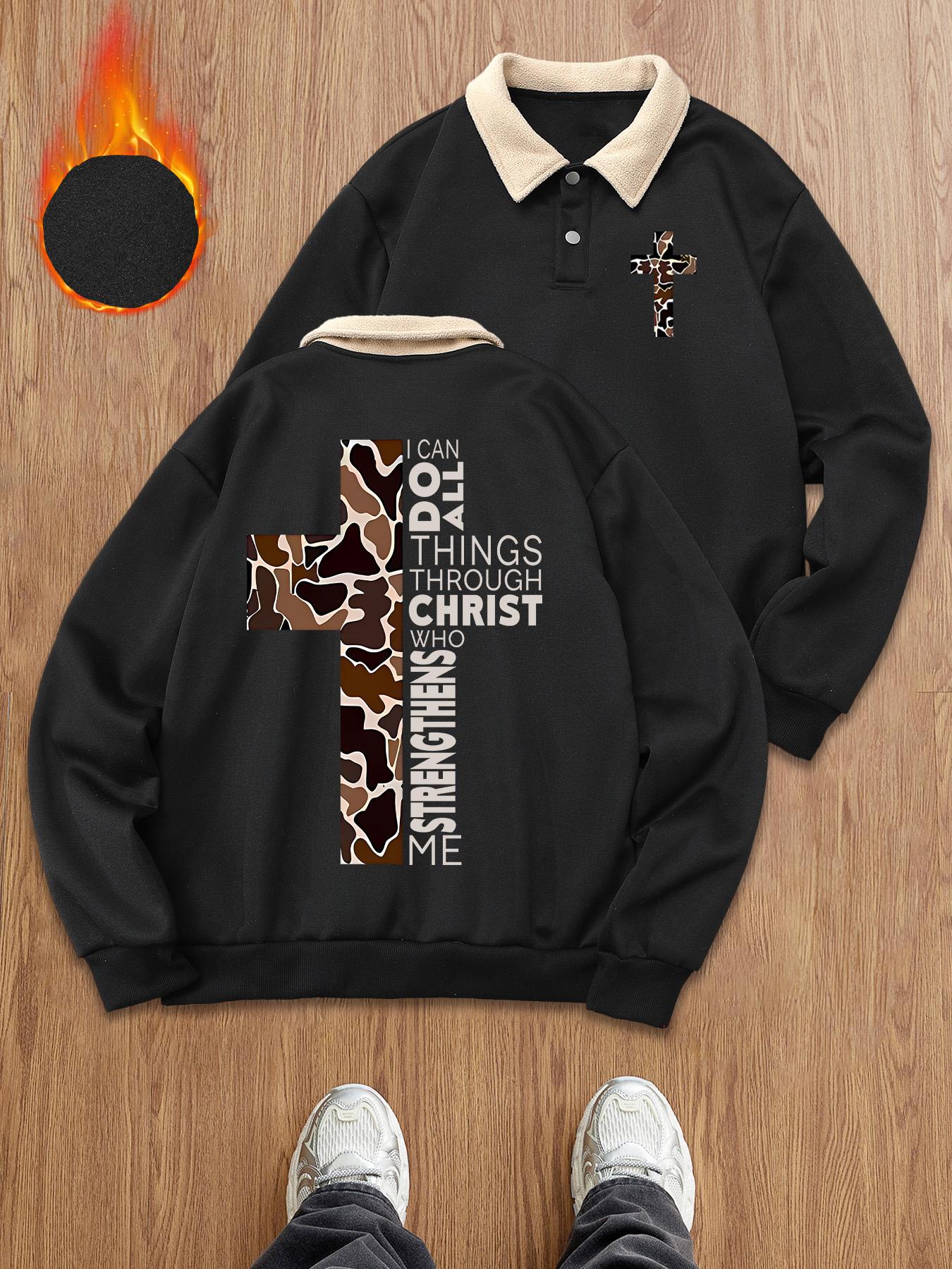 Trendy Retro Lamb Wool Collar Sweatshirt, Cross Print Polo Shirt
