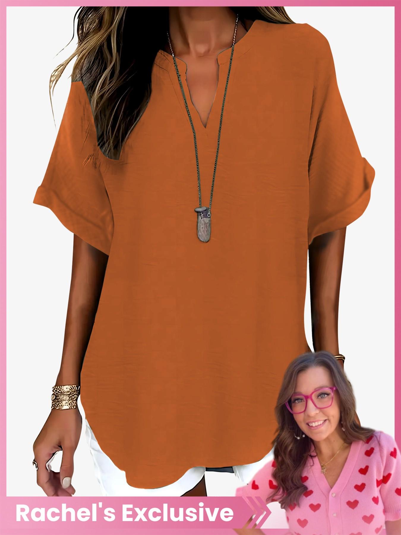 Women's Simple Solid Color Commuter V-Neck Drop Shoulder Vintage Versatile Top, Short Sleeve Fitted H-Type Blouse, Casual Fashion Shirts