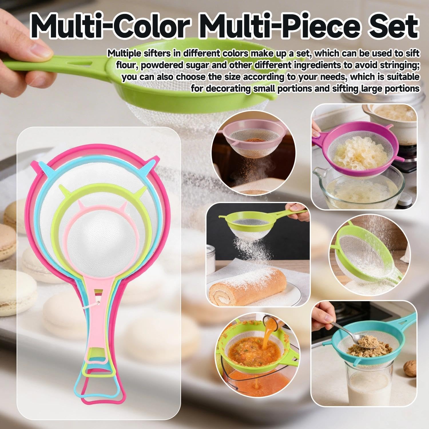 1 Set Fine Mesh Screen Set. Flour Sieve Filter Spoon with Handle. Sugar Sieve Fine Screen Tea Filter. Suitable for Powdered Sugar, Soybean Milk, Flour and Washed Rice. Necessary Baking Tools. Kitchen Filter Appliance.