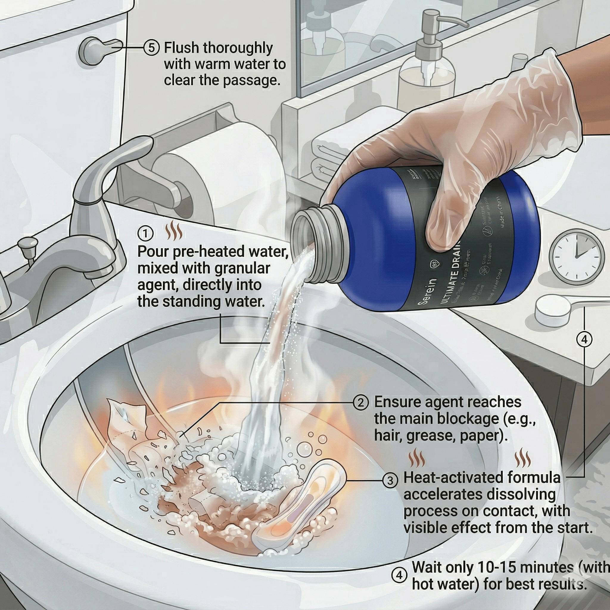Serein Strong Pipe Unblocker, Quick Dissolving Clog Remover, Effective Drain Cleaner, Fast Acting Plumbing Solution, Home Maintenance Essential