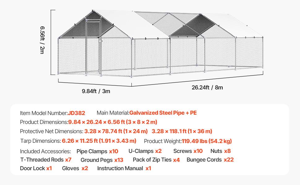 VEVOR Metal Chicken Coop, 9.8x26.2x6.5 ft Large Walk-in Chicken Runs with Cover, Spire Roof Hen House Enclosure with Security Lock, Outdoor Duck Rabbit Cage Poultry Pen for Backyard, Farm, Yard